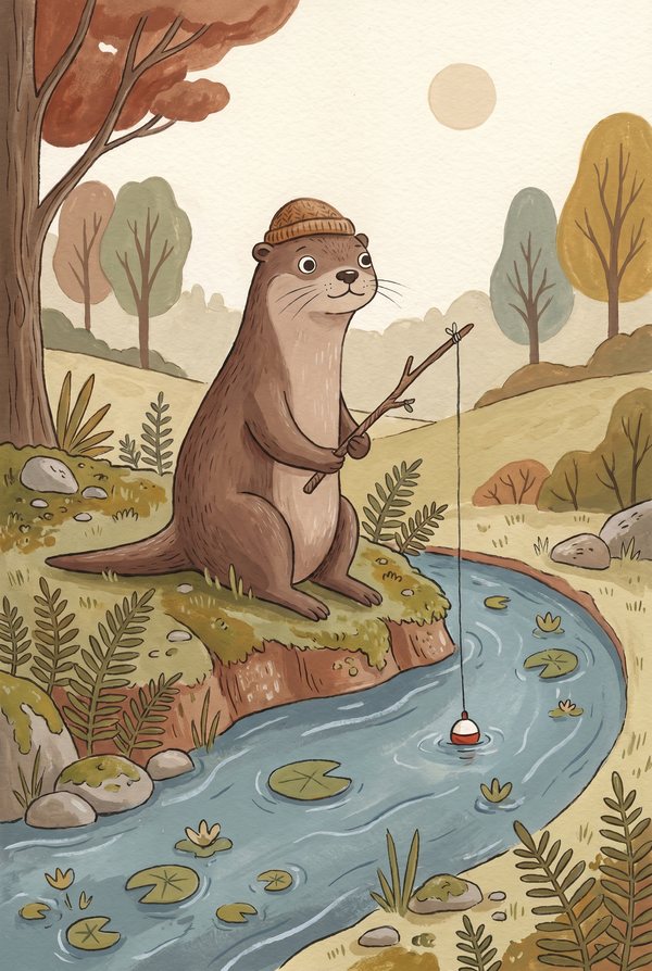 An otter in a cap fishing with a rod from the bank of a winding river