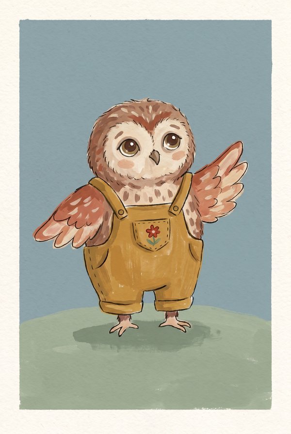 A young owl in mustard dungarees standing on a green hill against blue