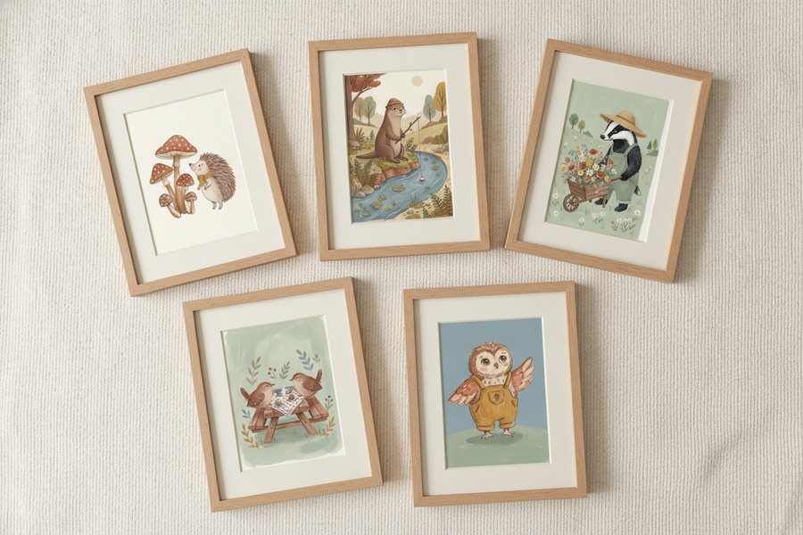 The five free woodland friends prints framed and laid out on a cream carpet