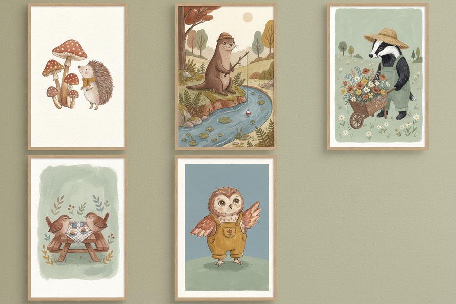 The five free woodland friends prints framed on a sage green wall