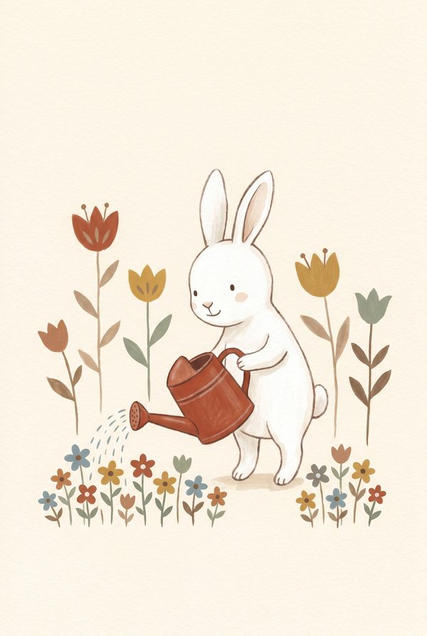 A white rabbit watering a row of wildflowers with a red watering can