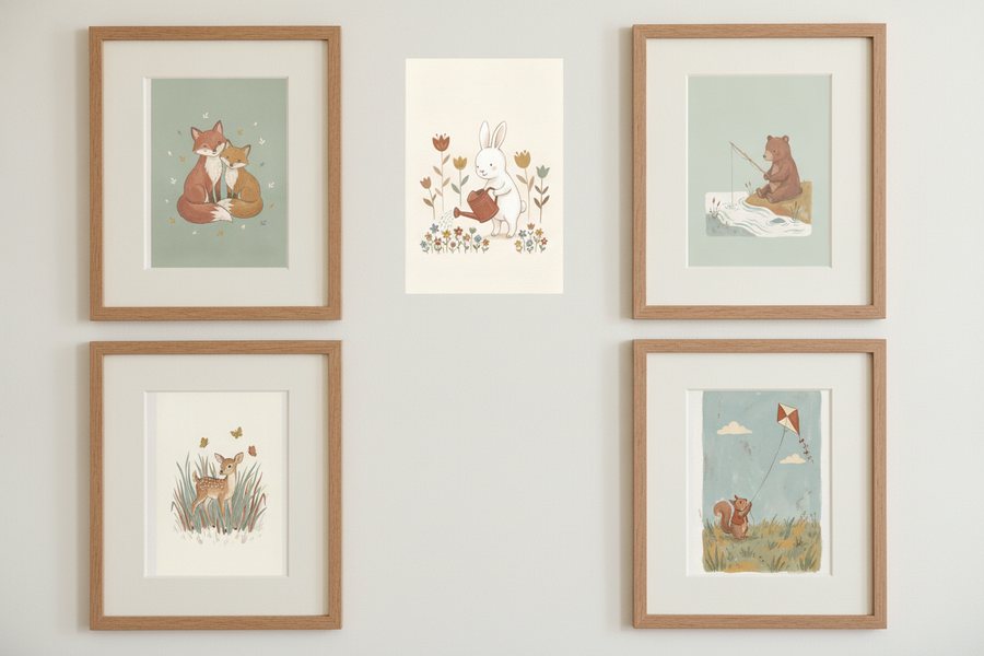 The five free prints framed on a cream wall in a three-and-two arrangement